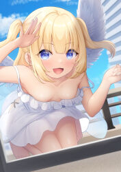 1girl 7fuji_06 :d angel angel_wings barefoot blonde_hair blue_eyes blue_sky blush breasts dot_nose dress feathered_wings highres kneeling open_mouth original sky smile solo thighs tongue twintails two_side_up white_dress wings