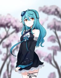 Rule 34 | 1girl, black dress, blue flower, blue hair, blue rose, blurry, blurry background, breasts, cherry blossoms, clenched hand, dress, eyebrows hidden by hair, eyeshadow, flower, frown, hair flower, hair ornament, han ma, highres, long hair, makeup, nijisanji, nijisanji kr, orange eyes, red eyeshadow, rose, ryu hari, small breasts, solo, thigh strap, virtual youtuber