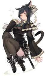 Rule 34 | 1girl, animal ears, black dress, black footwear, black hair, black thighhighs, blue eyes, boots, dress, facial mark, final fantasy, final fantasy xiv, heterochromia, highres, jewelry, kemomin nosuke, long sleeves, miqo&#039;te, o3o, ring, scabbard, sheath, simple background, solo, thighhighs, thighs, warrior of light (ff14), whisker markings, white background, yellow eyes