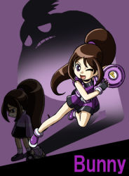 Rule 34 | 00s, 1girl, brown hair, bunny-z, bunny (ppg), character doll, character name, different shadow, disk, doll, dual persona, fingerless gloves, gloves, long hair, multiple views, one eye closed, open mouth, ponytail, powerpuff girls, powerpuff girls z, purple eyes, purple theme, shadow, smile, standing, wink, aged down