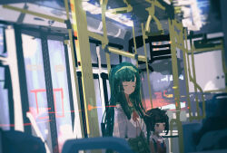 Rule 34 | 2girls, ahoge, arms at sides, black hair, blurry, blurry foreground, blush, bus interior, closed eyes, closed mouth, commentary request, depth of field, dutch angle, expressionless, green hair, green hairband, green sailor collar, green skirt, hairband, hand grip, headgear, height difference, highres, kabuyama kaigi, lens flare, light smile, long hair, long sleeves, looking ahead, multiple girls, neck ribbon, pleated skirt, red ribbon, red shirt, ribbon, sailor collar, school uniform, serafuku, shirt, shirt tucked in, siblings, sidelocks, sisters, skirt, sleeveless, sleeveless shirt, touhoku kiritan, touhoku zunko, voiceroid, white shirt