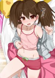 Rule 34 | 1girl, barefoot, blurry, blush, brown eyes, brown hair, collarbone, commentary request, depth of field, flat chest, grey jacket, groin, hair between eyes, heart, highres, jacket, kantai collection, kusaka souji, long hair, long sleeves, looking at viewer, motion lines, navel, open clothes, open jacket, open mouth, ryuujou (kancolle), solo, speech bubble, sweat, translated, twintails
