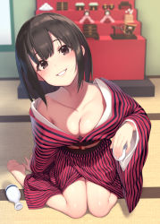 Rule 34 | 1girl, altar, architecture, arm support, bare legs, bare shoulders, barefoot, black kimono, blurry, blush, bottle, breasts, brown eyes, brown hair, chariot, choko (cup), cleavage, collarbone, commentary request, cup, dengeki moeou, depth of field, doll, drinking glass, east asian architecture, head tilt, highres, holding, holding cup, indoors, japanese clothes, kimono, long hair, long sleeves, looking at viewer, no bra, obi, off shoulder, open clothes, open kimono, original, pokachu, red kimono, sash, shrine, sitting, small breasts, smile, solo, striped clothes, striped kimono, tatami, teeth, tokkuri, vertical-striped clothes, vertical-striped kimono, wariza, wide sleeves, yukata