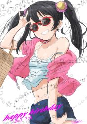 Rule 34 | 1girl, artist name, artist request, bare shoulders, basket, black hair, blue pants, blue shorts, blush, bow, breasts, carrying bag, collarbone, feet, female focus, flat chest, full body, glasses, glasses on head, hair bow, hair ornament, hair scrunchie, highres, jacket, looking at viewer, love live!, love live! school idol festival, love live! school idol project, nico nico nii, pants, parted lips, pink jacket, pink scrunchie, pom pom (clothes), pom pom hair ornament, red eyes, scrunchie, shirt, shogo (4274732), short hair, shorts, small breasts, smile, solo, striped clothes, striped shirt, twintails, white background, white shirt, yazawa nico