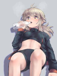 Rule 34 | 1girl, antenna hair, bike shorts, black jacket, black shorts, bottle, breasts, brown hair, commentary request, feet out of frame, grey background, hair between eyes, hand up, highres, holding, holding bottle, jacket, koshirae tsurugi (m.m), long hair, long sleeves, looking away, looking to the side, low ponytail, m.m, medium breasts, navel, open clothes, open jacket, open mouth, original, ponytail, shorts, simple background, sitting, sleeves past wrists, solo, sweat, track jacket, water bottle