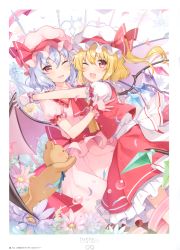 Rule 34 | 2girls, 6u (eternal land), ;d, absurdres, ascot, bat wings, blonde hair, blue flower, blue hair, blush, bow, cowboy shot, crystal, dress, fang, flandre scarlet, flower, frilled shirt collar, frills, glomp, gloves, hair between eyes, hat, hat ribbon, highres, hug, looking at viewer, mob cap, multiple girls, one eye closed, open mouth, page number, petals, petticoat, pink dress, pink eyes, pink flower, pink gloves, pink hat, puffy short sleeves, puffy sleeves, purple flower, red ascot, red bow, red ribbon, red sash, red skirt, red vest, remilia scarlet, ribbon, sash, scan, shirt, short hair, short sleeves, siblings, sisters, skirt, skirt set, smile, stuffed animal, stuffed toy, teddy bear, thighs, touhou, vest, water drop, white background, white hat, white shirt, wings, yellow ascot, yellow flower