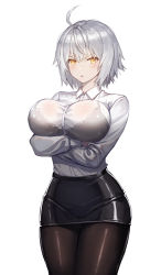 Rule 34 | 1girl, absurdres, ahoge, arms under breasts, black bra, black pantyhose, blush, bra, breasts, cha hou, collared shirt, cowboy shot, crossed arms, dress shirt, fate/grand order, fate (series), hair between eyes, highres, jeanne d&#039;arc (fate), jeanne d&#039;arc alter (avenger) (fate), jeanne d&#039;arc alter (fate), lace, lace bra, large breasts, looking at viewer, miniskirt, office lady, open mouth, pale skin, pantyhose, pencil skirt, see-through, shirt, short hair, silver hair, skirt, solo, thighs, underwear, white shirt, yellow eyes