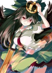 Rule 34 | 1girl, arm cannon, black hair, black wings, blush, cape, colorized, crown, hair ribbon, igayan, long hair, looking at viewer, midriff, navel, puffy sleeves, red eyes, reiuji utsuho, ribbon, shirt, short sleeves, sketch, skirt, smile, solo, sparkle, third eye, touhou, weapon, white background, wings