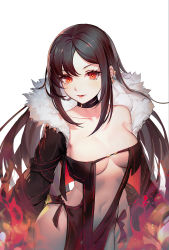 Rule 34 | 1girl, absurdres, black dress, breasts, brown hair, center opening, cleavage, dress, ear piercing, earrings, fate/grand order, fate (series), fire, fur-trimmed jacket, fur trim, highres, jacket, jewelry, long hair, looking at viewer, medium breasts, multiple earrings, multiple piercings, navel, piercing, q18607, red eyes, revealing clothes, simple background, solo, strapless, strapless dress, very long hair, white background, yu mei-ren (fate)