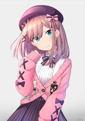 Rule 34 | 1girl, :3, absurdres, basa rutan, beret, blue eyes, bow, broom, brown hair, cardigan, center frills, closed mouth, collared shirt, commentary request, eyes visible through hair, frills, grey background, hair bow, hair ornament, hair over one eye, hairclip, hand up, hat, head tilt, highres, long hair, long sleeves, looking at viewer, nijisanji, pink bow, pink cardigan, puffy long sleeves, puffy sleeves, purple bow, purple hat, purple skirt, shirt, signature, skirt, sleeves past wrists, solo, striped bow, striped clothes, striped skirt, suzuhara lulu, vertical-striped clothes, vertical-striped skirt, virtual youtuber, white shirt, x hair ornament