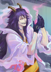 Rule 34 | 1boy, arms up, artist name, black gloves, caesar clown, clothes writing, coat, curled horns, english text, flask, gas, gloves, holding, holding flask, horns, indoors, liquid clothes, long hair, long sleeves, male focus, one piece, purple coat, purple eyes, smile, teeth, two-tone shirt, upper body, upper teeth only, vasiliy-plumber, yellow eyes