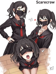 Rule 34 | 1girl, ark john up, black hair, black serafuku, character name, commentary, covered eyes, english commentary, finger to mouth, girls&#039; frontline, hand on own hip, long sleeves, looking at viewer, mask, mouth mask, neckerchief, open mouth, pleated skirt, red neckerchief, sangvis ferri, scarecrow (girls&#039; frontline), school uniform, serafuku, shushing, simple background, skirt, surgical mask, tongue, tongue out, twintails, white background, yellow eyes
