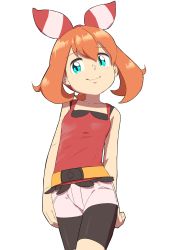 Rule 34 | 1girl, bike shorts, blue eyes, breasts, brown hair, closed mouth, creatures (company), game freak, highres, long hair, looking at viewer, may (pokemon), nintendo, nyonn24, pokemon, pokemon oras, ribbon, shorts, simple background, sleeveless, smile, solo, white background