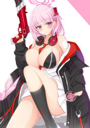 Rule 34 | 1girl, bandaid, bandaid on arm, between breasts, black footwear, black jacket, blue archive, blush, breasts, cleavage, collarbone, dual-mode shotgun, eimi (blue archive), electric fan, fingernails, gun, hair ornament, halo, hand fan, headphones, headphones around neck, highres, jacket, jacket partially removed, knee up, large breasts, looking at viewer, multicolored clothes, multicolored jacket, nail polish, nao (naobinarydigit), necktie, necktie between breasts, open clothes, open shirt, patch, pink eyes, pink hair, pink halo, pink nails, pleated skirt, pump-action shotgun, pump action, red jacket, red necktie, semi-automatic shotgun, shirt, shotgun, signature, skirt, solo, spas-12, swept bangs, thighs, two-tone jacket, unbuttoned, unbuttoned shirt, weapon, white background, white shirt, white skirt, zipper bikini