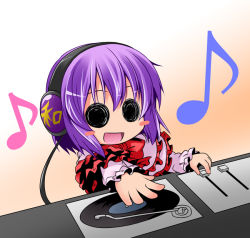 Rule 34 | 1girl, blush, bow, dj, female focus, frills, headphones, ichimi, instrument, listening to music, mixer, music, musical note, nagae iku, no headwear, no headwear, open mouth, phonograph, playing instrument, record, smile, solid circle eyes, solo, touhou, turntable