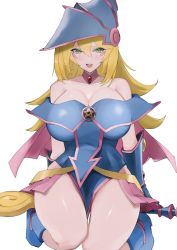 Rule 34 | 1girl, bare shoulders, blonde hair, blue footwear, blush, blush stickers, breasts, bridal gauntlets, capelet, dark magician girl, duel monster, fingerless gloves, gem, gloves, green eyes, hair between eyes, hat, highres, huge breasts, kataku musou, large breasts, long hair, looking at viewer, open mouth, pelvic curtain, pentagram, seiza, simple background, sitting, solo, thick thighs, thigh gap, thighs, wand, white background, wizard hat, yu-gi-oh!