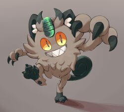 Rule 34 | black fur, brown background, brown fur, claws, creatures (company), full body, galarian form, galarian meowth, game freak, gen 8 pokemon, grin, highres, looking at viewer, nintendo, no humans, orange eyes, pokemon, pokemon (creature), sharp teeth, sharpski, simple background, slit pupils, smile, solo, standing, teeth, two-tone fur