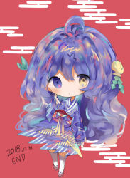 Rule 34 | 1girl, bad id, bad pixiv id, brown footwear, closed mouth, commentary request, cottontailtokki, dated, egasumi, full body, hair between eyes, hair ornament, hand on own face, hand up, heterochromia, japanese clothes, kimono, long sleeves, looking at viewer, original, print kimono, purple eyes, purple hair, purple kimono, red background, solo, sparkle, standing, standing on one leg, thighhighs, white thighhighs, wide sleeves, yellow eyes