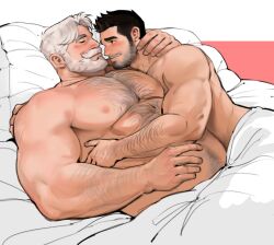 Rule 34 | 2boys, abs, afterglow, arm hair, bara, beard, beard stubble, blush, chest hair, closed eyes, couple, covering, cuddling, dopey (dopq), facial hair, furrowed brow, hairy, highres, large pectorals, looking at another, lying, male focus, mature male, multiple boys, muscular, muscular male, mustache stubble, navel, navel hair, nipples, nude cover, old, old man, on back, on bed, original, pectorals, short hair, sideburns, smile, stomach, strongman waist, thick mustache, topless male, white hair, yaoi