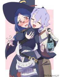 Rule 34 | 2girls, arikindows10, blue hair, blush, bottle, breasts, closed eyes, couple, croix meridies, drunk, glasses, grabbing, grabbing another&#039;s breast, groping, happy, hat, large breasts, little witch academia, long hair, medium hair, multiple girls, open mouth, paper, purple hair, red eyes, smile, squeans, surprised, twitter username, ursula callistis, witch, witch hat, yuri