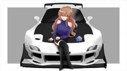 Rule 34 | 1girl, bang dream!, black footwear, black skirt, blue sweater, blush, boots, border, breasts, brown hair, car, clothing cutout, green eyes, grey background, hair between eyes, highres, imai lisa, leaning to the side, long hair, manziqr, mazda, mazda rx-7, mazda rx-7 fd, medium breasts, motor vehicle, outside border, shoulder cutout, sitting, skirt, smile, solo, spoiler (automobile), sports car, sweater, thigh boots, vehicle focus, very long hair, white border, white car