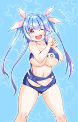 Rule 34 | 1girl, blue background, blue hair, breasts, cleavage, collarbone, commentary request, fang, feet out of frame, finger gun, hair ribbon, i-19 (kancolle), kantai collection, large breasts, long hair, masara (chuujou), name tag, one-hour drawing challenge, red eyes, ribbon, school swimsuit, skin fang, smile, solo, standing, star-shaped pupils, star (symbol), starry background, swimsuit, symbol-shaped pupils, torn clothes, torn swimsuit, tri tails