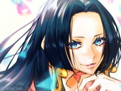 Rule 34 | 1girl, black hair, blue eyes, boa hancock, close-up, commentary, detective 0414, earrings, eyelashes, floating hair, forehead, hand on own chin, highres, jewelry, long hair, looking at viewer, one piece, pink lips, red shirt, shirt, smile, snake earrings, solo, twitter username
