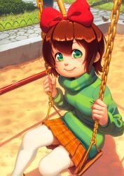 Rule 34 | 1girl, alkemanubis, bow, breasts, brown hair, chain, child, full body, green eyes, hair bow, long sleeves, orange skirt, original, outdoors, pleated skirt, red bow, sand, short hair, skirt, smile, solo, stone floor, swing, thighhighs, white thighhighs, zettai ryouiki