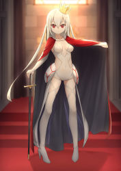 Rule 34 | 1girl, absurdres, albino, backlighting, blurry, boots, breasts, cloak, closed mouth, clothing cutout, covered navel, crown, depth of field, elbow gloves, elf, fingerless gloves, gloves, hair between eyes, heijialan, high heel boots, high heels, highres, indoors, knight, leotard, long hair, looking at viewer, medium breasts, mini crown, original, pigeon-toed, pointy ears, red eyes, shadow, sheath, sheathed, side cutout, solo, stairs, standing, sword, thigh boots, thighhighs, two side up, very long hair, weapon, white footwear, white gloves, white hair, white leotard, white thighhighs, window