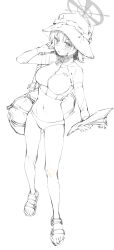Rule 34 | 1girl, bag, blue archive, hat, highres, holding, holding paper, monochrome, navel, paper, saki (blue archive), saki (swimsuit) (blue archive), sandals, short hair, solo, swimsuit, youguo naberu