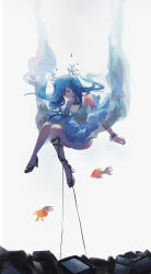 Rule 34 | 1girl, absurdres, air bubble, asphyxiation, bad id, bad pixiv id, bare arms, bare legs, black footwear, blue dress, blue hair, bubble, chain, chained, commentary request, dress, drowning, fish, full body, grey background, hatsune miku, high heels, highres, jenmin12, long hair, sleeveless, sleeveless dress, solo, television, twintails, underwater, vocaloid, wrist cuffs
