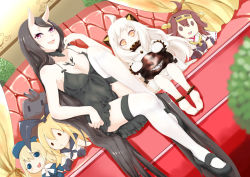 Rule 34 | 10s, 2girls, :d, abyssal ship, ahoge, atago (kancolle), bare shoulders, barefoot, battleship princess, black dress, black hair, breasts, character doll, cleavage, couch, dress, dutch angle, fang, feet, full body, horns, kantai collection, kongou (kancolle), legs, long hair, mi ti, multiple girls, northern ocean princess, open mouth, pale skin, purple eyes, red eyes, rensouhou-chan, shimakaze (kancolle), short dress, sitting, smile, thigh strap, thighhighs, toes, very long hair, white dress, white hair
