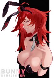 Rule 34 | 1girl, animal ears, black background, breasts, cleavage, clenched teeth, detached collar, fake animal ears, goddess of victory: nikke, highres, large breasts, leotard, looking at viewer, necktie, nihilister (nikke), playboy bunny, rabbit ears, rakaieye, red eyes, red hair, smile, solo, strapless, strapless leotard, teeth, upper body, white background