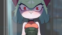 Rule 34 | 1girl, arms at sides, bare shoulders, black skirt, blurry, blurry background, blush, breasts, clenched teeth, colored skin, constricted pupils, creatures (company), drunkoak, fang, female focus, game freak, gen 3 pokemon, green hair, hair between eyes, high-waist skirt, highres, indoors, kirlia, looking at viewer, messy hair, nintendo, pokemon, pokemon (creature), red eyes, red shirt, shaded face, shiny skin, shirt, short hair, sidelocks, skirt, sleeveless, sleeveless shirt, small breasts, solo, standing, straight-on, teeth, upper body, white skin