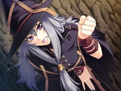 Rule 34 | 1girl, angry, benimura karu, bent over, breasts, bunny black, cave, clenched teeth, game cg, grey hair, hat, long hair, looking at viewer, purple eyes, solo, teeth, witch