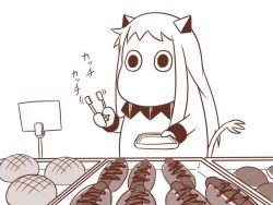 Rule 34 | (o) (o), 1girl, abyssal ship, bread, comic, commentary, cosplay, english text, food, horns, hot dog, jpeg artifacts, kantai collection, long hair, melon bread, monochrome, moomin, moomintroll, muppo, northern ocean hime (cosplay), northern ocean princess, sazanami konami, silent comic, simple background, tail, tongs, tray