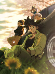 Rule 34 | 4boys, absurdres, black hair, black jacket, blue eyes, cherry blossoms, child, closed mouth, collarbone, crossed arms, dragon ball, dragon ball super, highres, jacket, long sleeves, looking ahead, motor vehicle, multiple boys, muscular, muscular male, on ground, open clothes, open jacket, parted bangs, pectoral cleavage, pectorals, pink hair, short hair, sitting, smile, son goku, son goten, spiked hair, supobi, teeth, tree, trunks (dragon ball), upper teeth only, vegeta, wind
