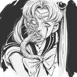 Rule 34 | 1girl, bad id, bad twitter id, bishoujo senshi sailor moon, blood, blood on face, bloody tears, bow, bowtie, commentary, crescent, crescent earrings, derivative work, earrings, english commentary, from side, greyscale, hair ornament, horror (theme), jewelry, kaell sillva, meme, monochrome, monster, open mouth, sailor moon, sailor moon redraw challenge (meme), school uniform, serafuku, sharp teeth, signature, solo, teeth, tiara, tsukino usagi, twintails