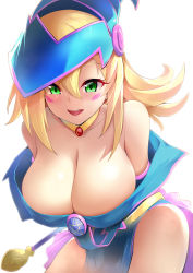 Rule 34 | 1girl, arms behind back, bare shoulders, blonde hair, blue dress, blush, blush stickers, breasts, choker, cleavage, collarbone, dark magician girl, dress, duel monster, fantasy, green eyes, hair between eyes, hat, highres, large breasts, leaning forward, long hair, looking at viewer, open mouth, pelvic curtain, pentacle, simple background, smile, solo, staff, thighs, white background, wizard hat, xiaodi, yu-gi-oh!, yu-gi-oh! duel monsters