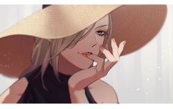 Rule 34 | 1boy, absurdres, bare shoulders, blonde hair, fingernails, hair over one eye, hanaichi (hana13), hand on own chin, hat, highres, lipstick, long hair, looking ahead, makeup, male focus, nail polish, orange nails, parted lips, purple eyes, red lips, sidelocks, simple background, solo, straw hat, twisted wonderland, upper body, vil schoenheit