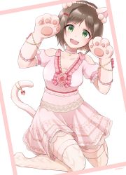 Rule 34 | 10s, 1girl, :3, :d, animal ears, animal hands, arms up, bare shoulders, beads, bob cut, bow, breasts, brown hair, cat ears, cat paws, cat tail, choker, cleavage, collarbone, dress, fake animal ears, fang, flower, framed, frilled dress, frilled gloves, frilled sleeves, frills, full body, gloves, goroo (goropii), green eyes, hair beads, hair bow, hair ornament, head tilt, highres, idolmaster, idolmaster cinderella girls, idolmaster cinderella girls starlight stage, jewelry, juliet sleeves, kemonomimi mode, kneeling, lace, lace-trimmed dress, lace trim, layered dress, long sleeves, looking at viewer, maekawa miku, medium breasts, no shoes, open mouth, over-kneehighs, parted bangs, paw gloves, paw pose, pendant, pink bow, pink choker, pink flower, pink gloves, pink rose, pink thighhighs, pom pom (clothes), puffy sleeves, raised eyebrows, red bow, rose, simple background, smile, solo, striped, striped bow, tail, tareme, thighhighs, white background