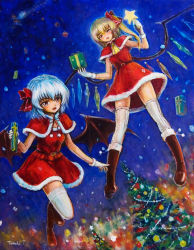 Rule 34 | 2girls, alternate costume, artist name, bat wings, blonde hair, blue hair, boots, box, capelet, christmas, christmas tree, dutch angle, fang, flandre scarlet, flying, from below, fur trim, gift, gift box, gloves, knee boots, leg up, looking at viewer, multiple girls, night, oil painting (medium), open mouth, painting (medium), red eyes, remilia scarlet, santa costume, short hair, side ponytail, sleigh, tafuto, thighhighs, touhou, traditional media, wand, wings