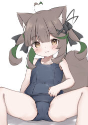Rule 34 | 1girl, ahoge, animal ear fluff, animal ears, blue one-piece swimsuit, brown eyes, brown hair, commentary, covered navel, leaning back, long hair, looking at viewer, old school swimsuit, one-piece swimsuit, original, ribbon, risu (ritharte), school swimsuit, sitting, smile, solo, spread legs, squirrel ears, squirrel girl, squirrel tail, swimsuit, symbol-only commentary, tail, thighs, two side up