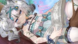 Rule 34 | 1girl, bare shoulders, bird, blue eyes, book, breasts, choker, commission, grey hair, hair ribbon, heart, heart in eye, highres, hitsujino mery, indie virtual youtuber, looking at viewer, mikazuki silvi, owl, owl ears, owl girl, ribbon, second-party source, small breasts, smile, solo, symbol in eye, thighhighs, virtual youtuber, white thighhighs