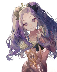Rule 34 | 1girl, black bow, blush, bow, breasts, closed mouth, cosplay, fate/grand order, fate (series), forehead, fur-trimmed jacket, fur trim, hair bow, hinogiri, ishtar (fate), ishtar (swimsuit rider) (fate), ishtar (swimsuit rider) (fate) (cosplay), jacket, long hair, long sleeves, looking at viewer, parted bangs, pink jacket, purple eyes, purple hair, simple background, small breasts, smile, solo, tiara, twintails, white background, wu zetian (fate)