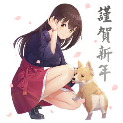 Rule 34 | 1girl, 782, animal, arm up, black footwear, bracelet, brown eyes, brown hair, closed mouth, commentary request, dog, floral print, full body, hair between eyes, hakama, hakama short skirt, hakama skirt, hand in own hair, happy new year, highres, japanese clothes, jewelry, kimono, long hair, long sleeves, new year, original, petals, print kimono, purple kimono, red hakama, shoes, short kimono, simple background, skirt, smile, solo, squatting, tongue, tongue out, very long hair, welsh corgi, white background, wide sleeves