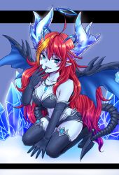 Rule 34 | 1girl, ahoge, bare shoulders, bikini, black gloves, black thighhighs, blue background, blue eyes, blue halo, blue skin, blue wings, breasts, cappuccino1, cleavage, colored skin, crystal, dark halo, demon girl, demon horns, demon tail, demon wings, diamond (gemstone), elbow gloves, eyelashes, facial mark, gloves, gradient background, gradient hair, halo, hand on own face, hera-is (p&amp;d), hera (p&amp;d), horns, jewelry, large breasts, lips, long hair, looking away, multicolored hair, navel, necklace, orange hair, purple hair, purple lips, puzzle &amp; dragons, red hair, simple background, solo, swimsuit, tail, thighhighs, two-tone hair, white background, wings, zettai ryouiki