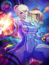 Rule 34 | 1girl, absurdres, artist name, blonde hair, blue bodysuit, blue eyes, bodysuit, breasts, closed mouth, commentary, hair between eyes, highres, large breasts, long hair, metroid, metroid (creature), mole, mole under mouth, nintendo, patreon username, red lips, revision, samus aran, signature, skin tight, twitter username, xuuikie ashe, zero gravity, zero suit