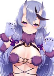 Rule 34 | 1girl, absurdres, bikini, black hair, blush, breasts, cosplay, elbow gloves, fate/grand order, fate (series), fingernails, fur trim, gloves, grin, highres, horns, long hair, looking at viewer, mash kyrielight, mash kyrielight (dangerous beast), mash kyrielight (dangerous beast) (cosplay), mole, mole under mouth, nijisanji, official alternate costume, oni, purple bikini, purple eyes, purple gloves, purple hair, rindou mikoto, sharp fingernails, simple background, skin-covered horns, smile, solo, swimsuit, toshise., very long hair, virtual youtuber, white background