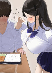 Rule 34 | 1boy, 1girl, black hair, blue bow, blue bowtie, blue skirt, blush, bow, bowtie, breasts, button gap, closed eyes, closed mouth, collared shirt, commentary request, food, kaisen chuui, large breasts, long sleeves, original, pepper, rice, salt, school uniform, shirt, simple background, skirt, smile, white shirt